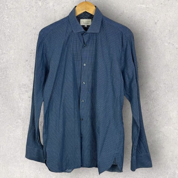 Ted Baker Endurance Tamson Button Front Collared Shirt Blue Print Mens Size 16 - Picture 1 of 12